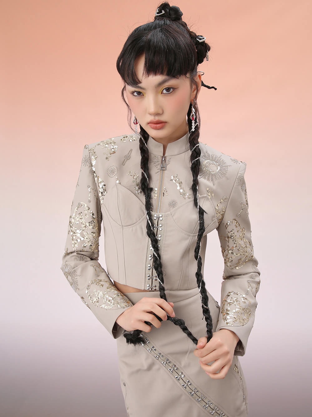 MUKZIN Short Cheongsam Diagonal Collar Paillette Chinese Jacket