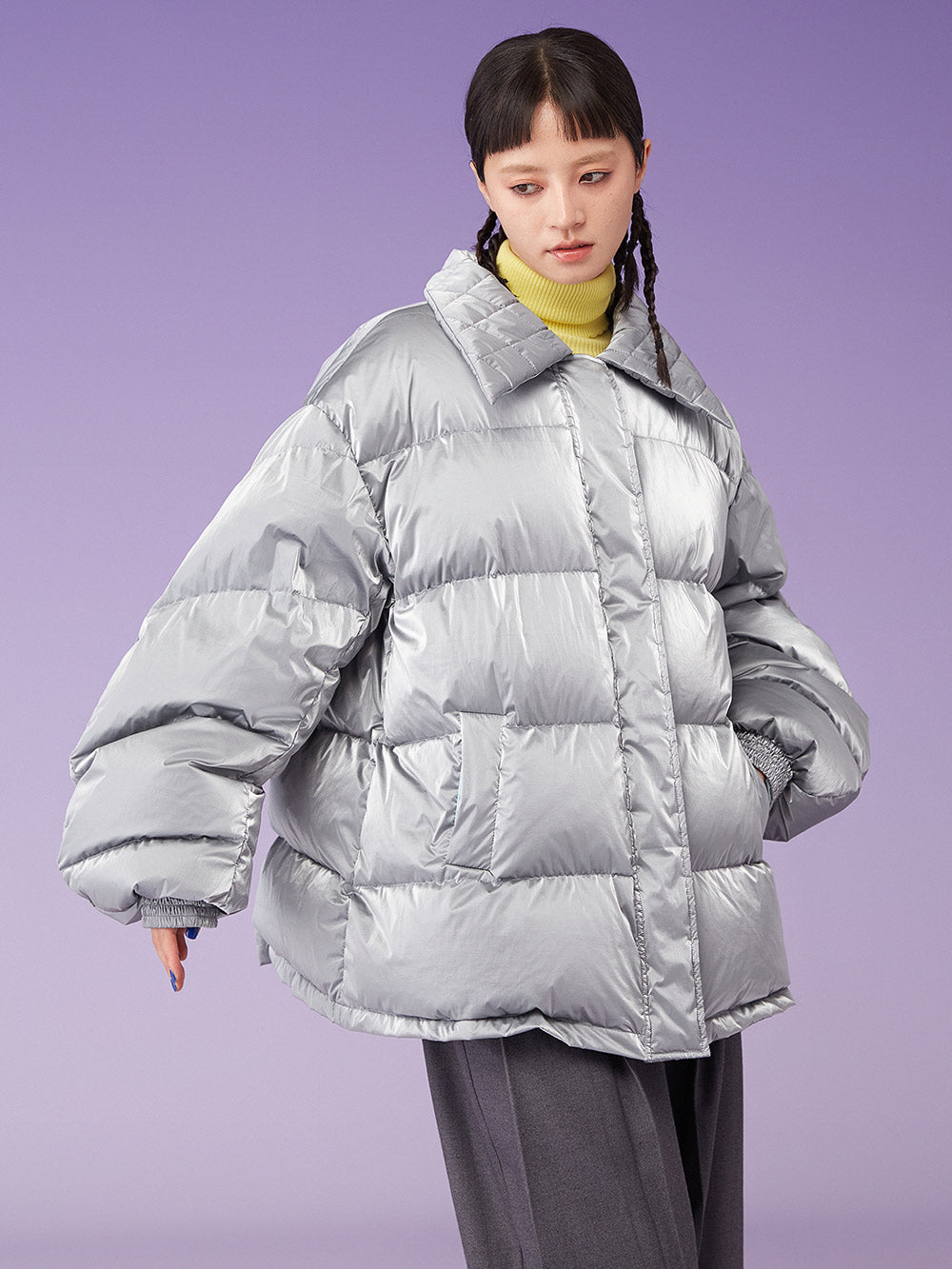 MUKZIN Lapel Floral Padded Oversize Grey Down Jacket