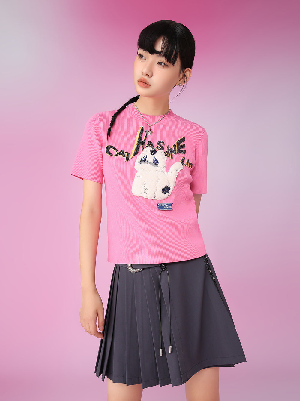 MUKZIN Pink Applique Embroidery Knit Short Round Neck T-shirts