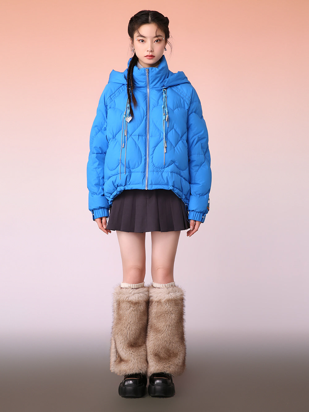 MUKZIN Blue Mid-length Down Jacket With Hand-Woven Hat Rope