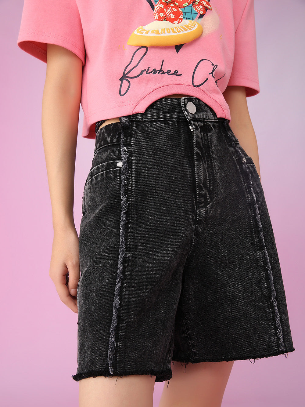 MUKZIN A-Line Black Washed Denim Shorts All-match