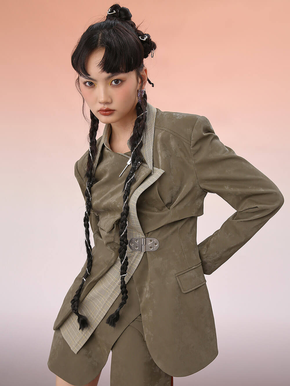MUKZIN Loose PU Patchwork Plaid Blazer Coat