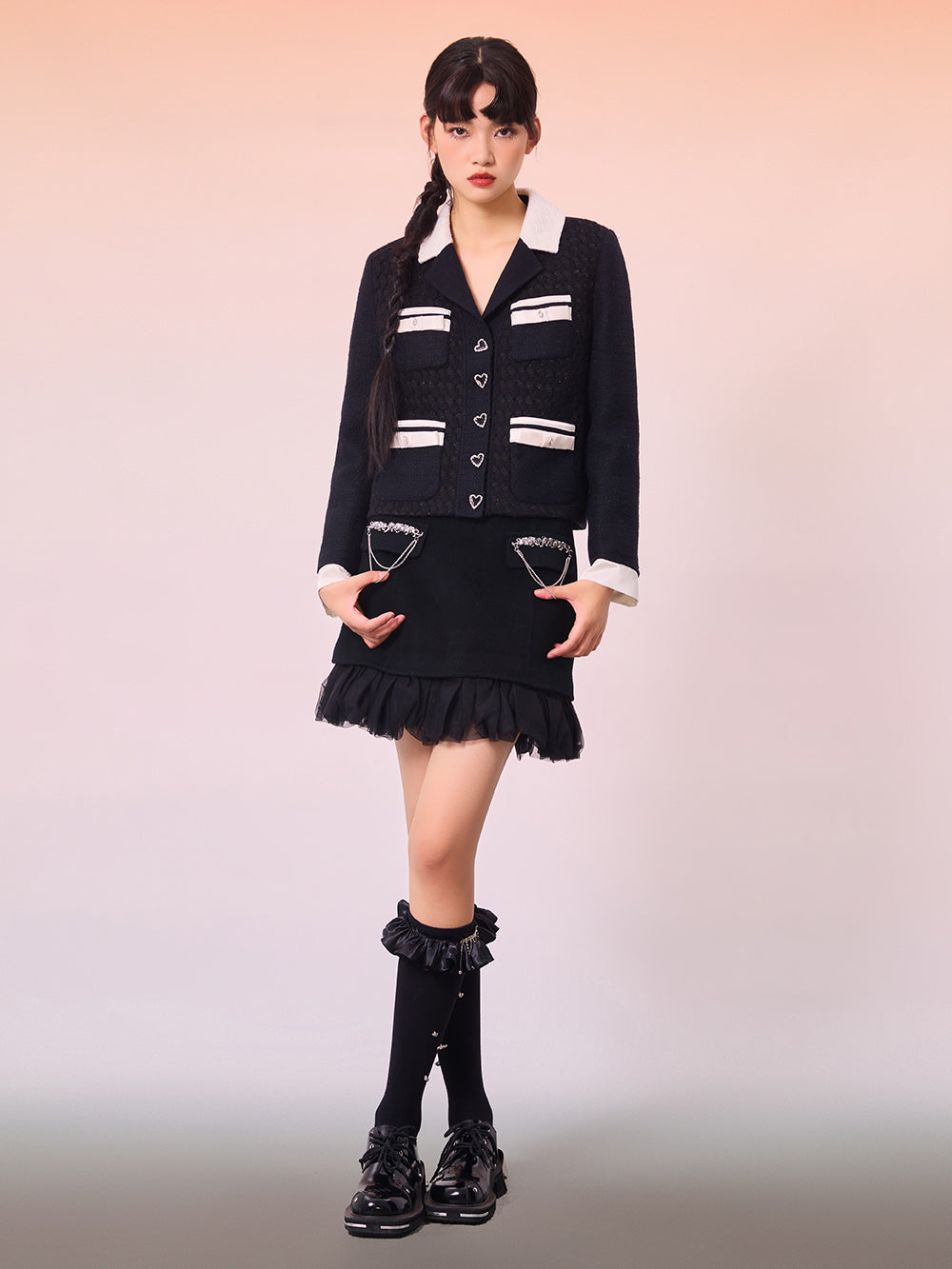 MUKZIN Black Wool Double-fabric Yarn Stitching Fashion Skirt