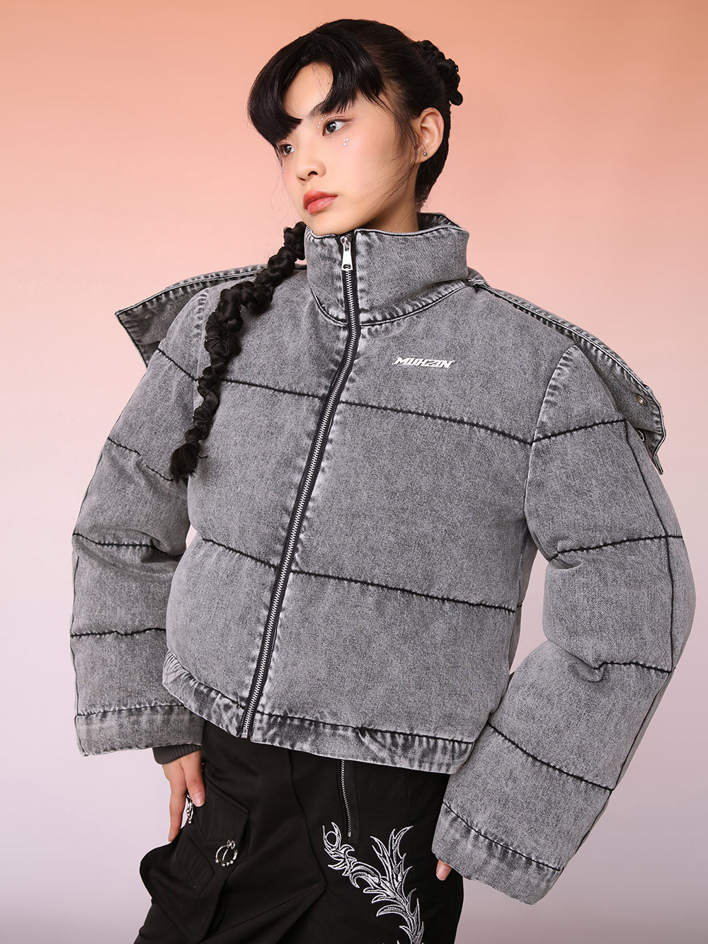 MUKZIN Cropped Gray Washed Denim Down Jacket