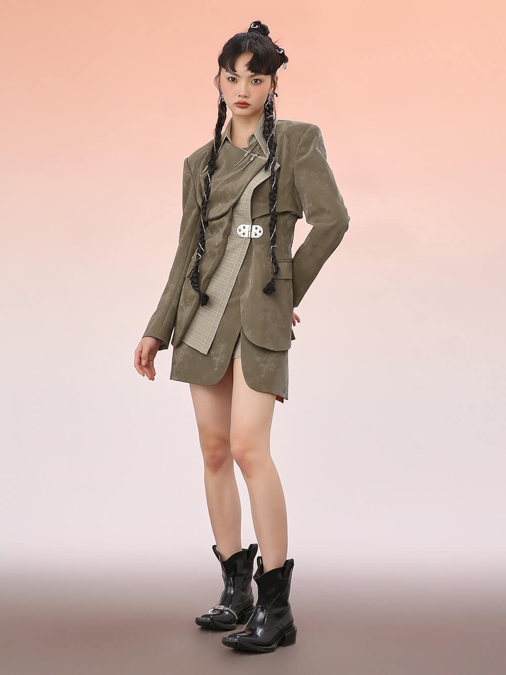 MUKZIN Loose PU Patchwork Plaid Blazer Coat