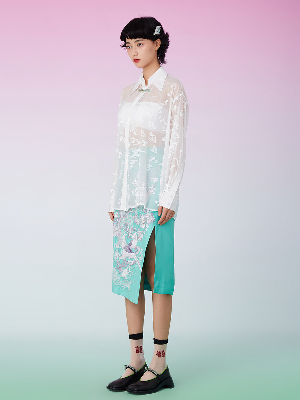 MUKZIN Sheer Lapel Oversize White Shirt