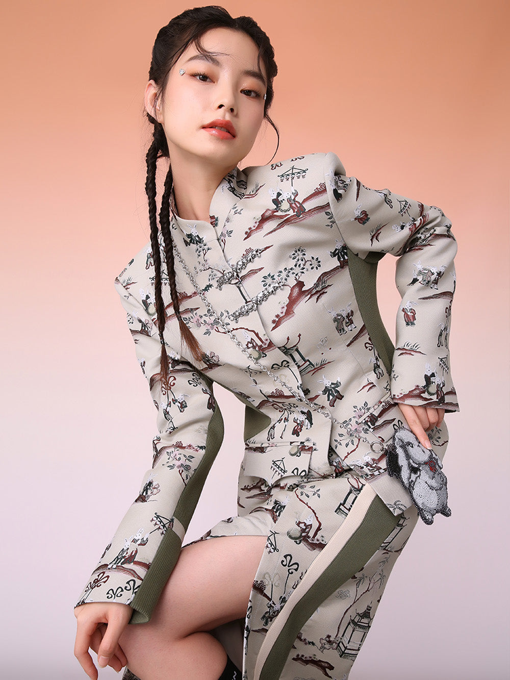 MUKZIN New Chinese Style Waist Stitching Design Jacquard Jacket