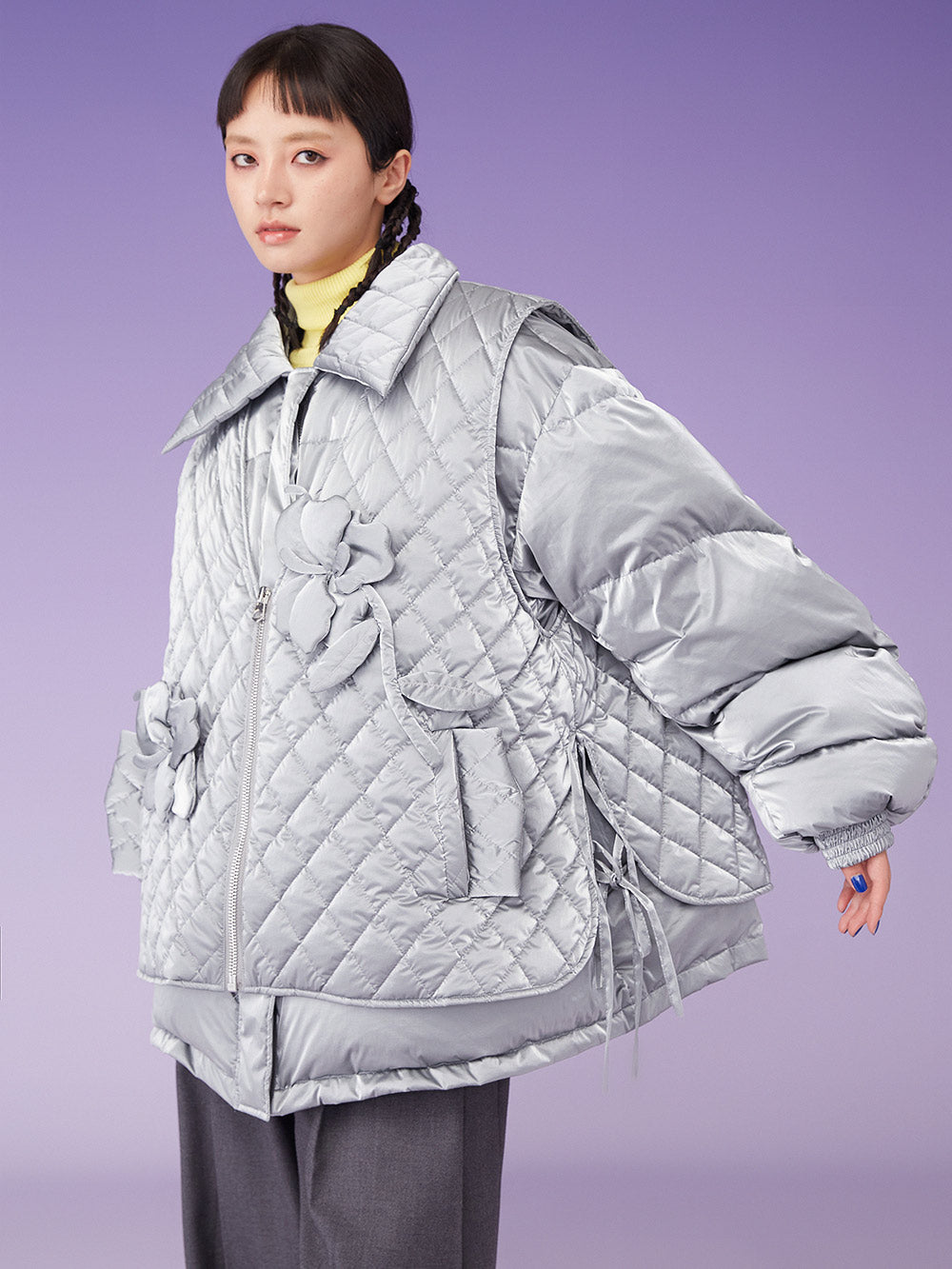 MUKZIN Lapel Floral Padded Oversize Grey Down Jacket