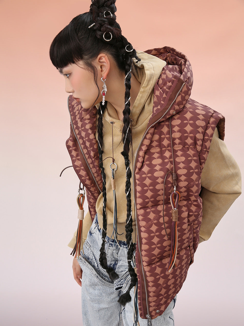 MUKZIN Khaki Cropped Geometric Down Vest