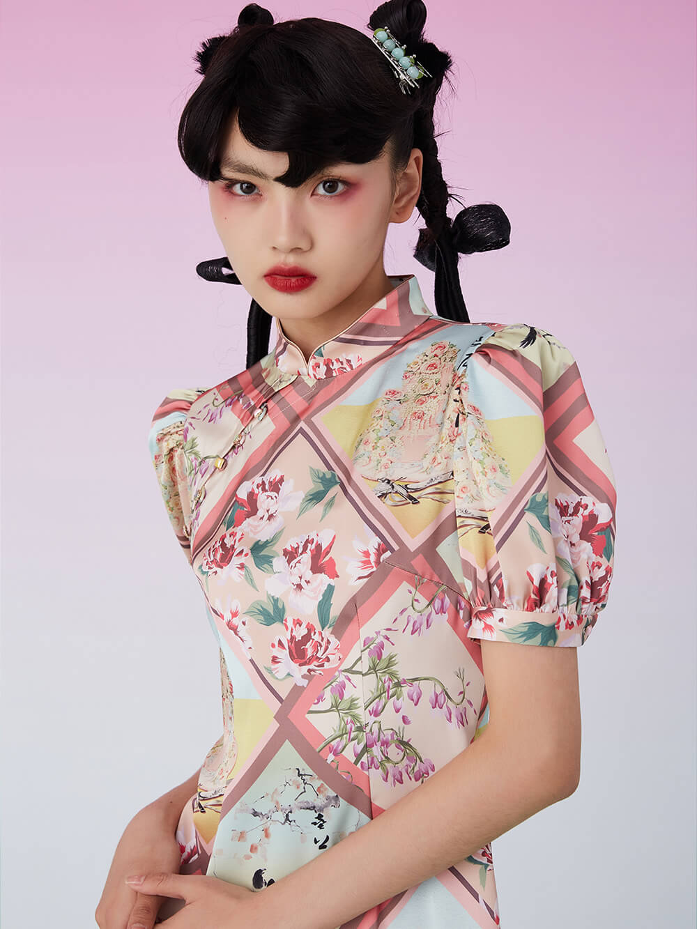 MUKZIN Argyle Plaid Flower Printed Women Improved Cheongsam