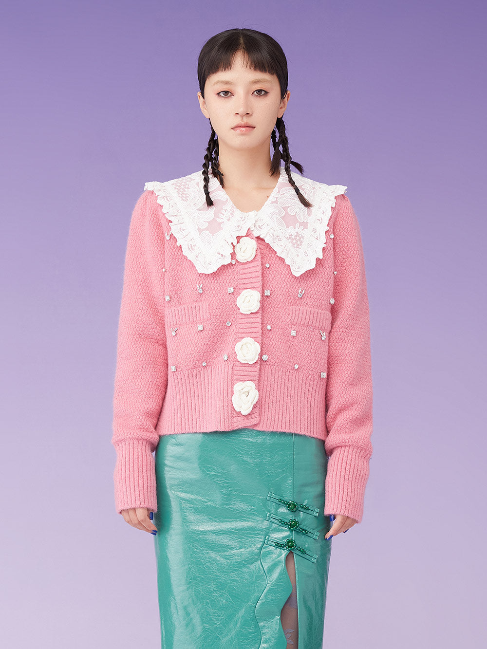 MUKZIN Knit V-Neck Rhinestone Studded Floral Button Pink Sweater