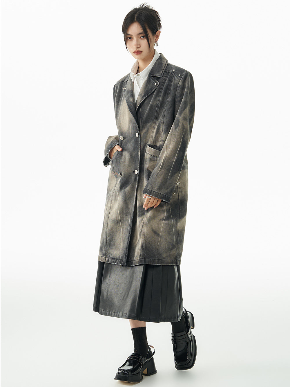 MUKTANK ⅩWESAME Fashion Ink Sense Retro Washed Old Suit Denim Long Coat