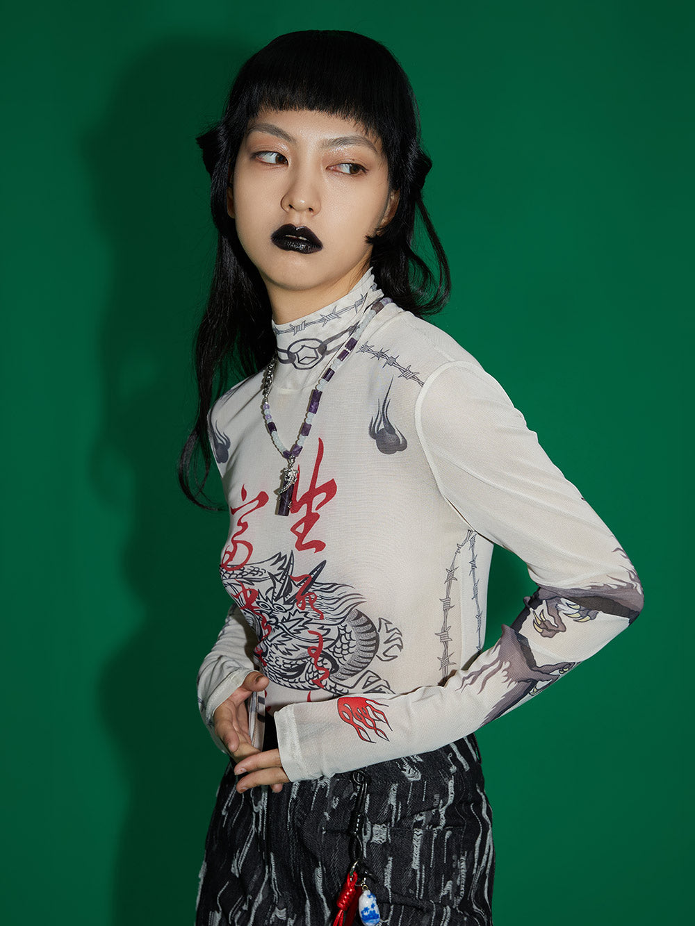MUKZIN Gauze Printed Mesh Top T-Shirt