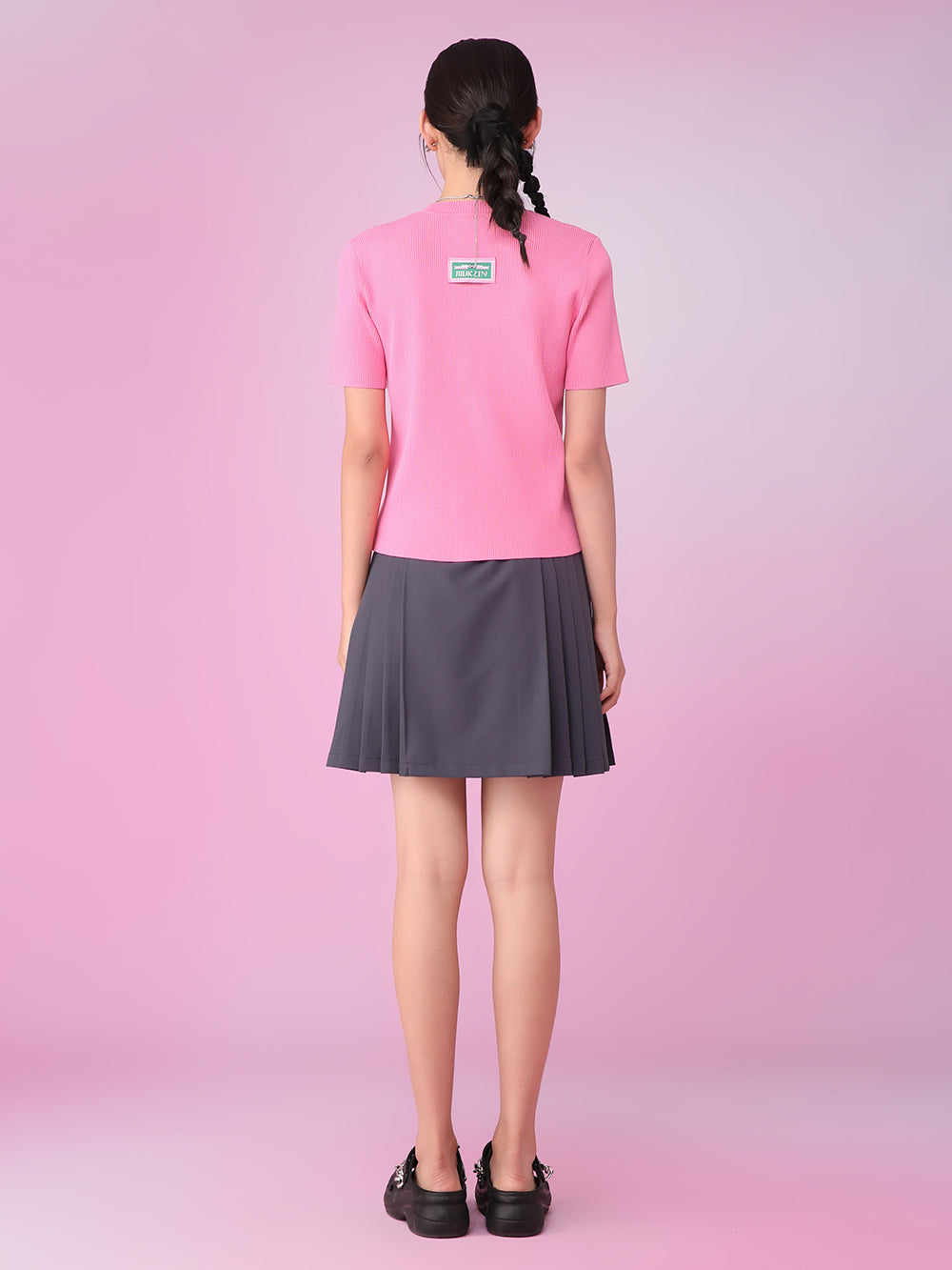MUKZIN Pink Applique Embroidery Knit Short Round Neck T-shirts