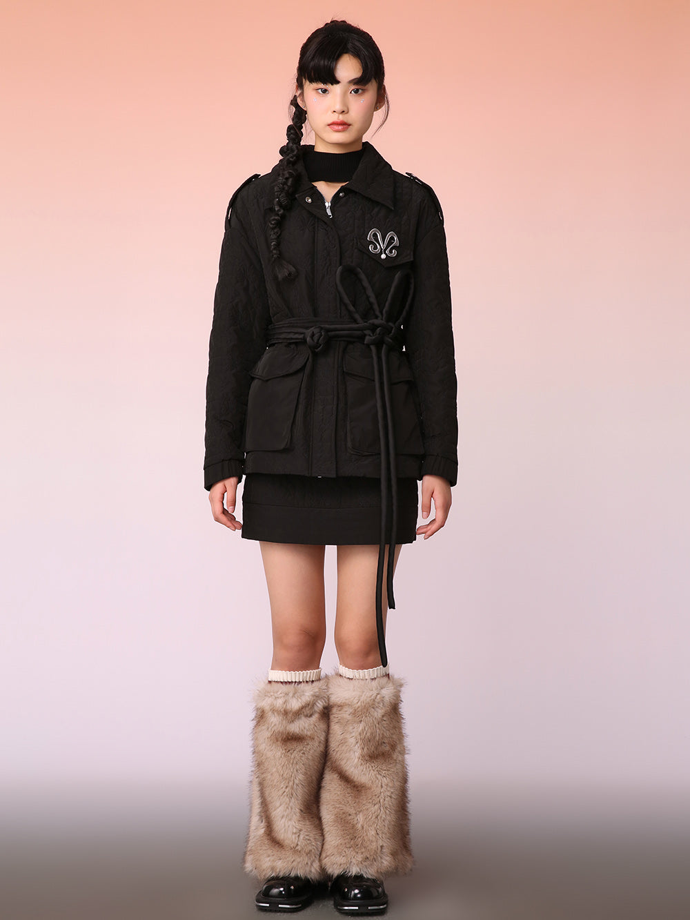 MUKZIN Black Knit Jacquard Jacket with Waist Panel
