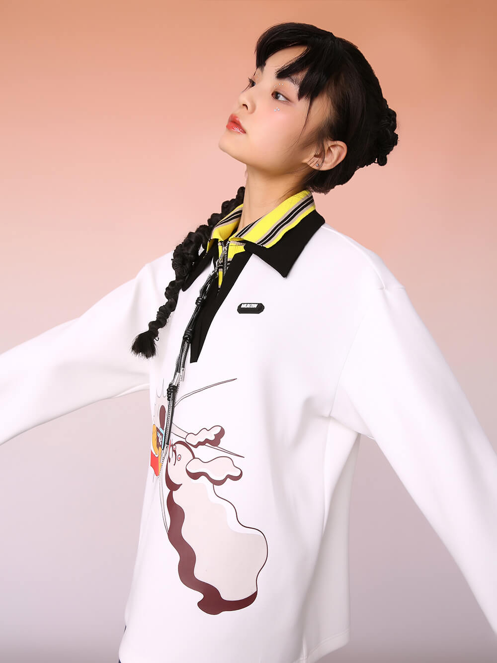 MUKIZN Mid-Length White Double-Neck Polo Sweatshirt