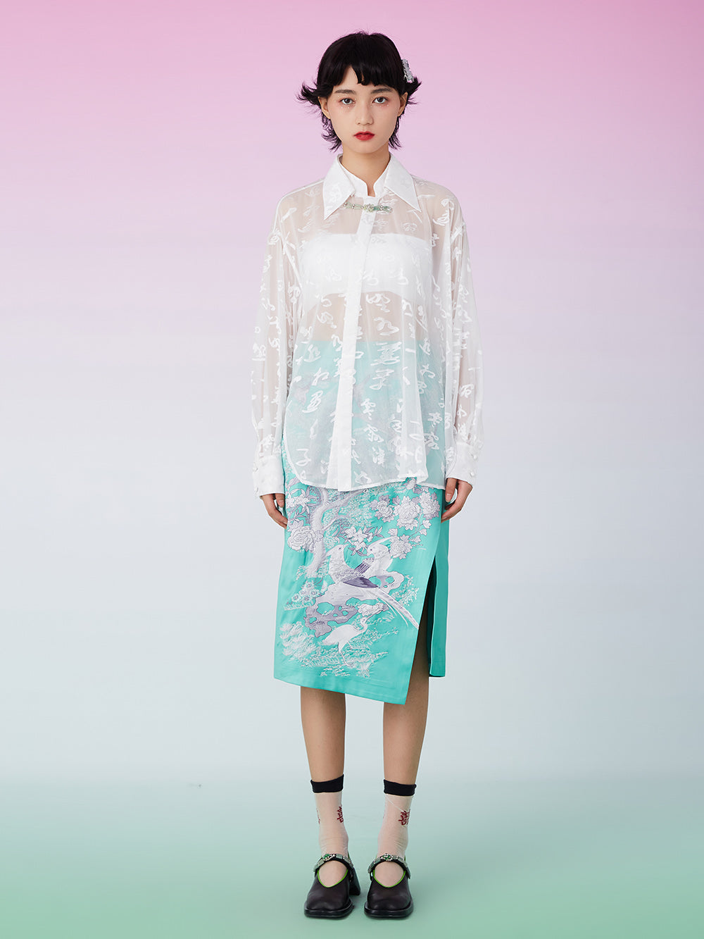 MUKZIN Sheer Lapel Oversize White Shirt