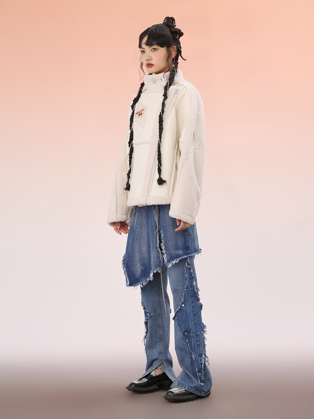 MUKZIN White Cropped Wool Splicing Jacket