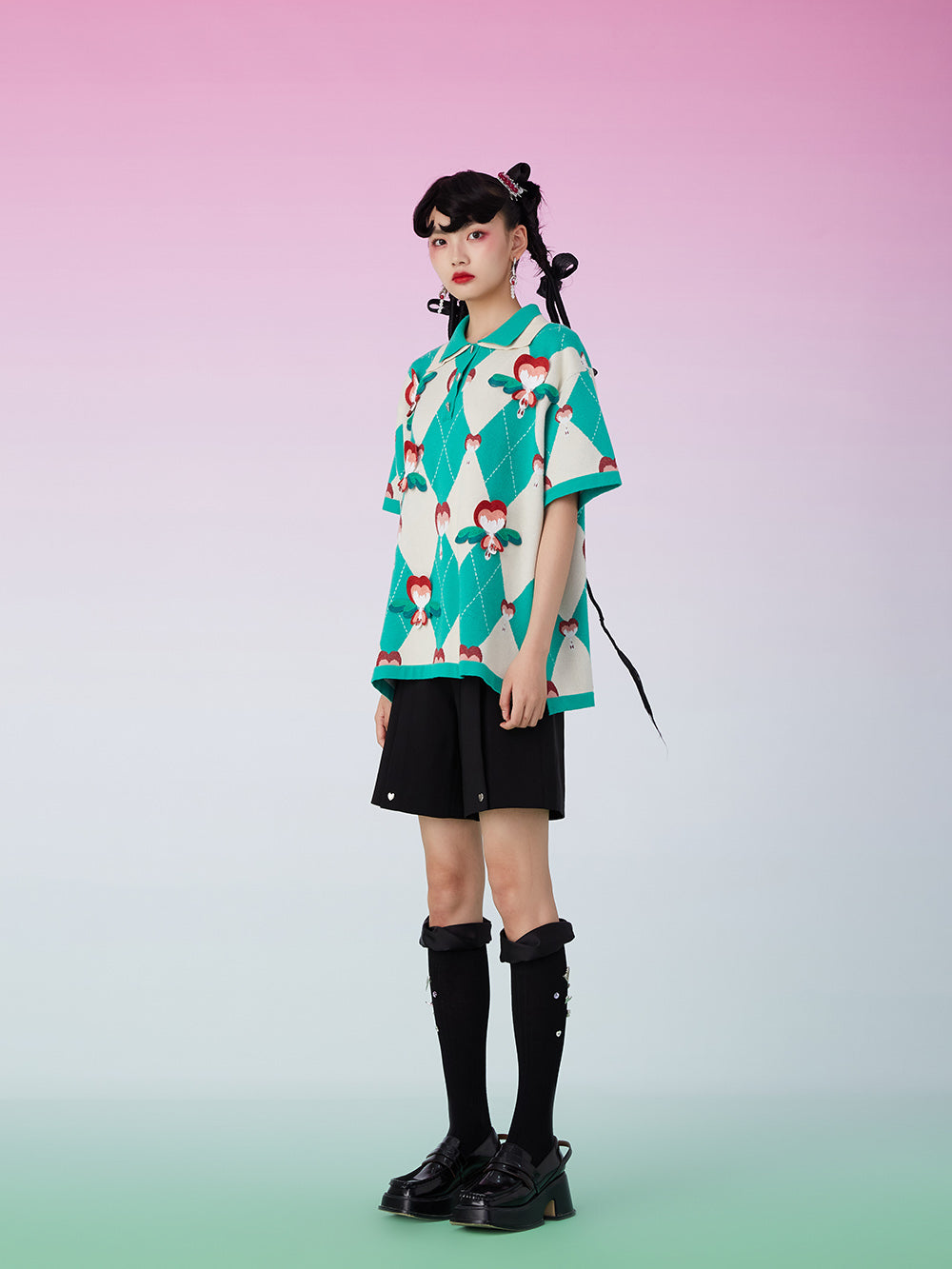 MUKZIN Lapel Loose Patched Green T-shirt