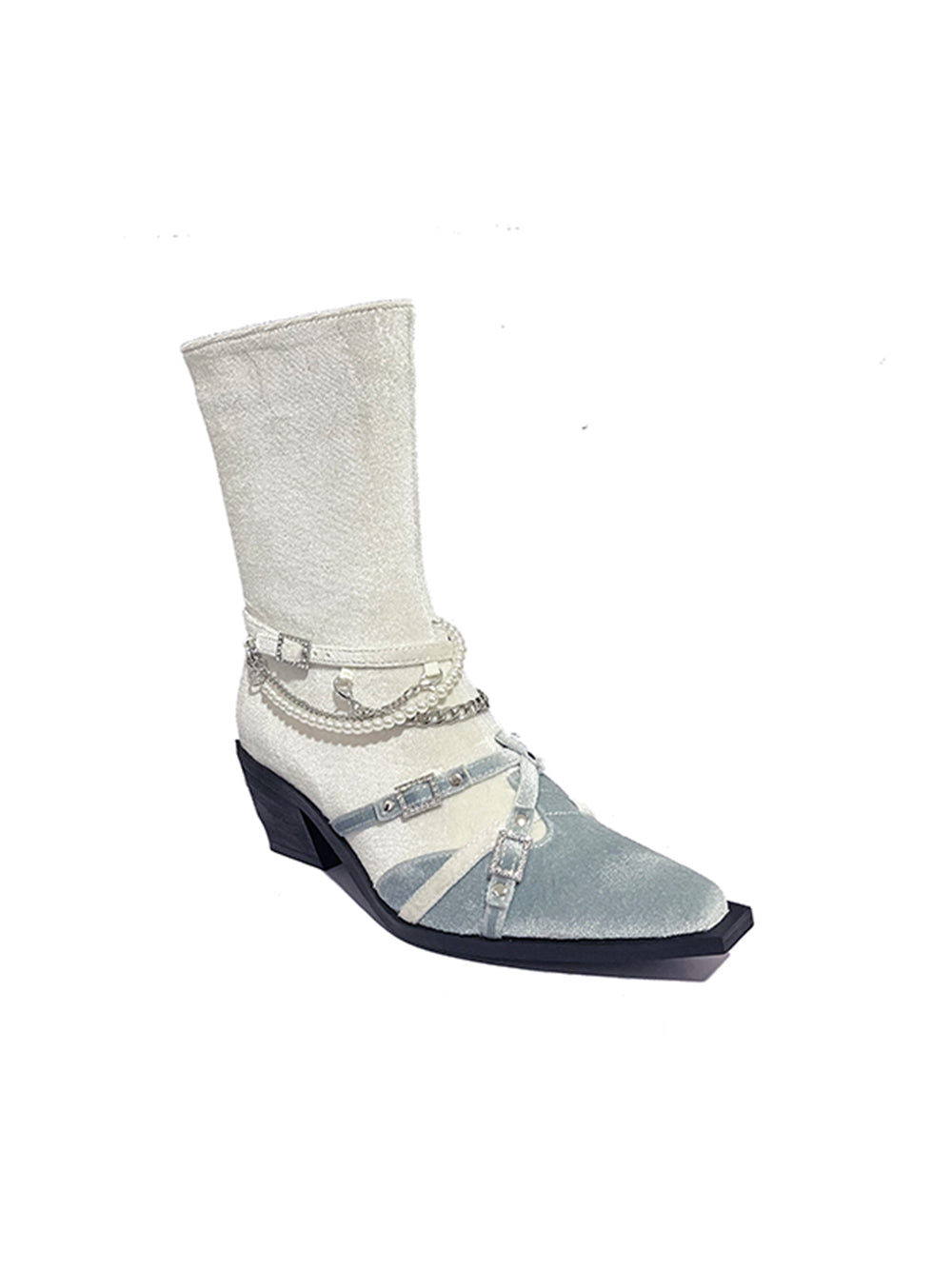 MUKTANK×AZ43 Silver Chain Chunky Heel Fashion Stitching Boots