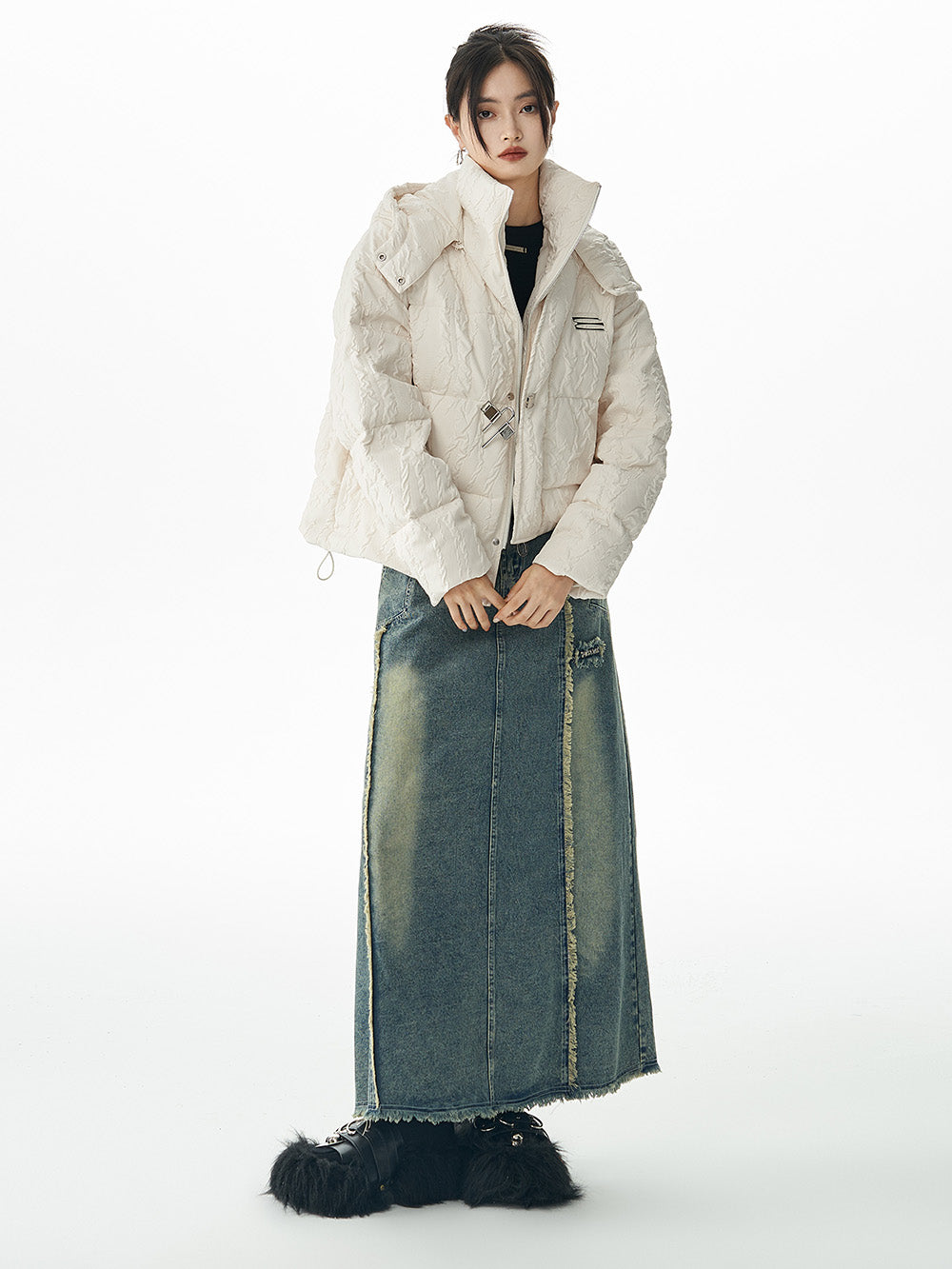 MUKTANK×WESAME Two-tone Irregular Hem Hooded Down Jacket