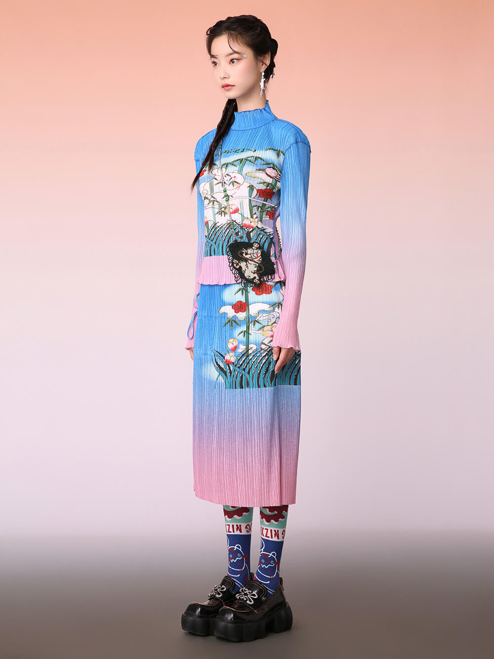 MUKZIN Chinese Style Design Pleated Knit Skirt