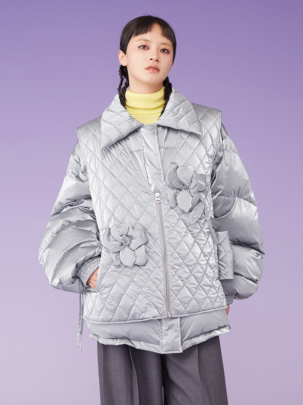 MUKZIN Lapel Floral Padded Oversize Grey Down Jacket