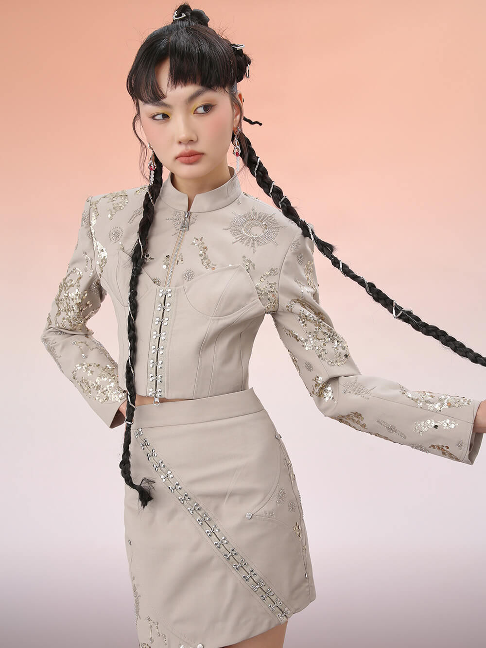 MUKZIN Short Cheongsam Diagonal Collar Paillette Chinese Jacket
