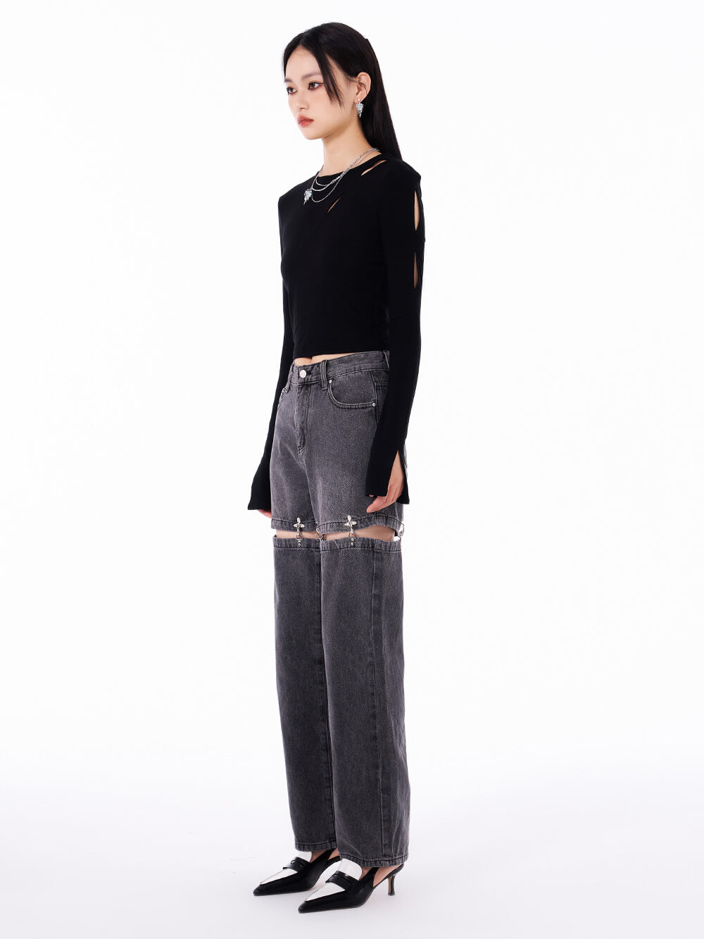 MUKTANK Metal Buckle Loose Two-Piece Denim Jeans