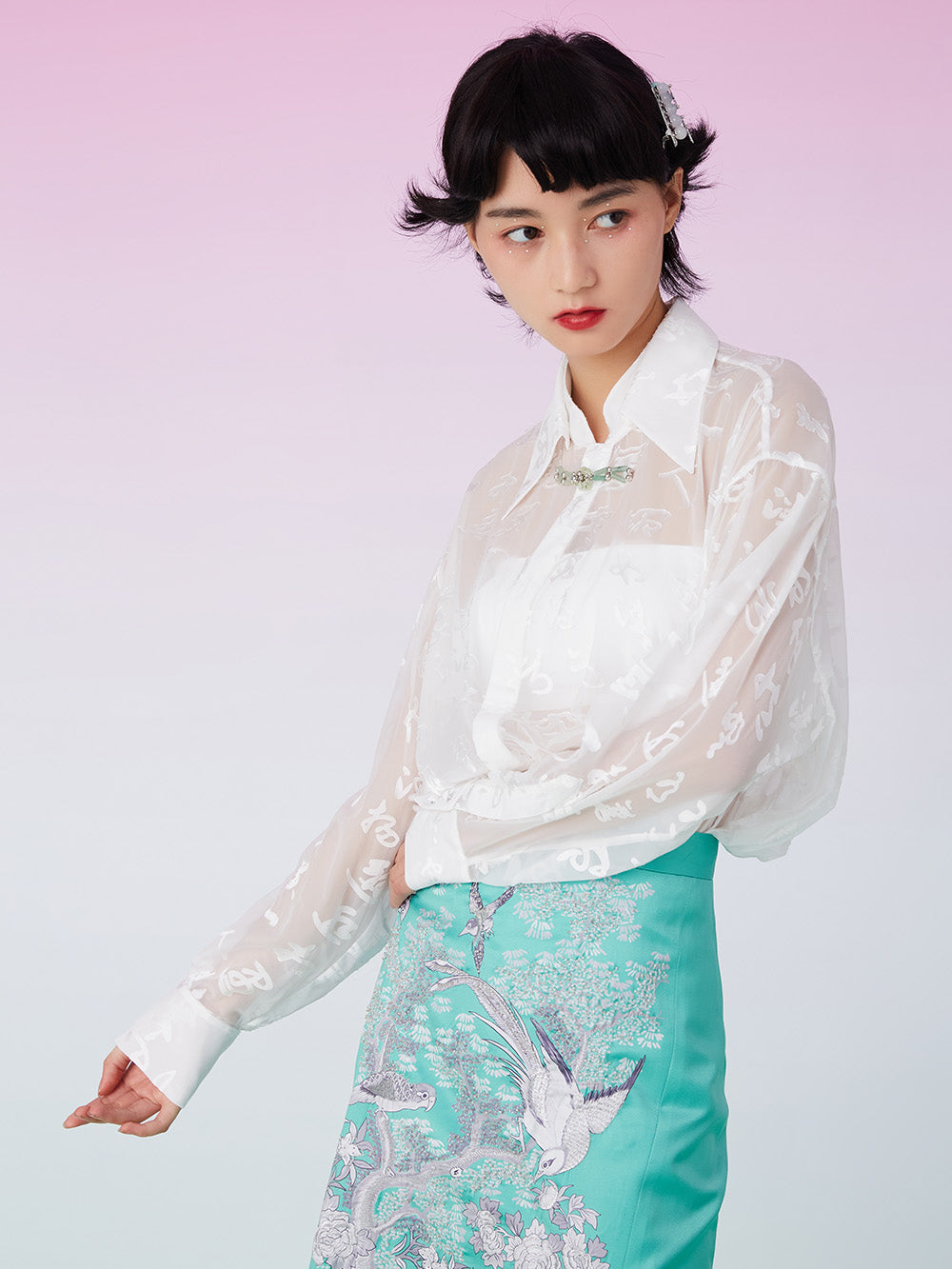 MUKZIN Sheer Lapel Oversize White Shirt