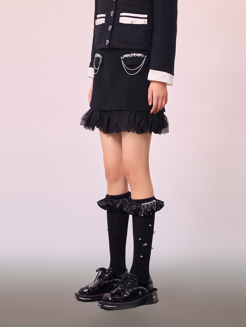 MUKZIN Black Wool Double-fabric Yarn Stitching Fashion Skirt