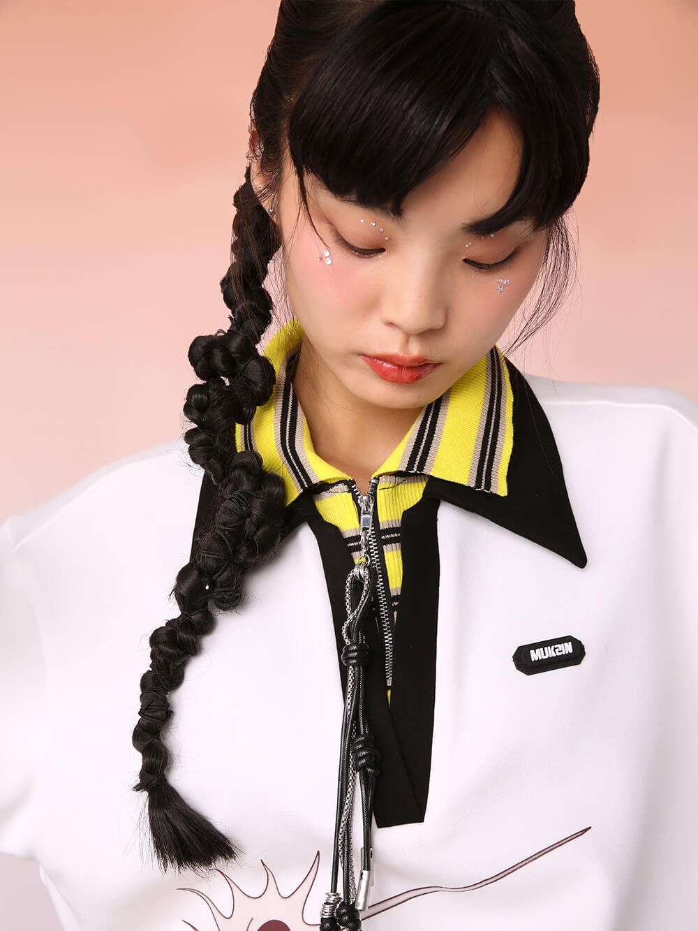 MUKIZN Mid-Length White Double-Neck Polo Sweatshirt