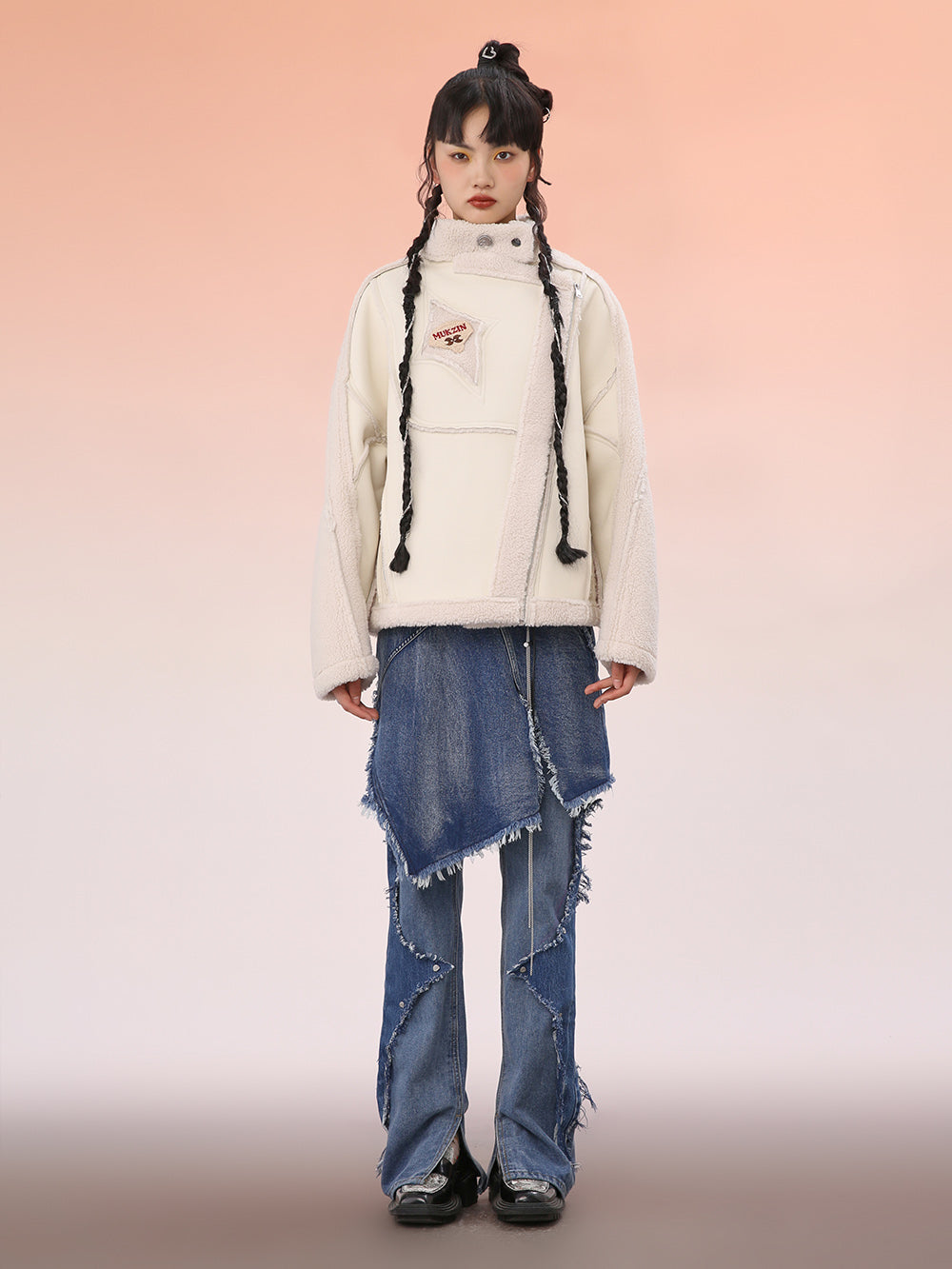 MUKZIN White Cropped Wool Splicing Jacket