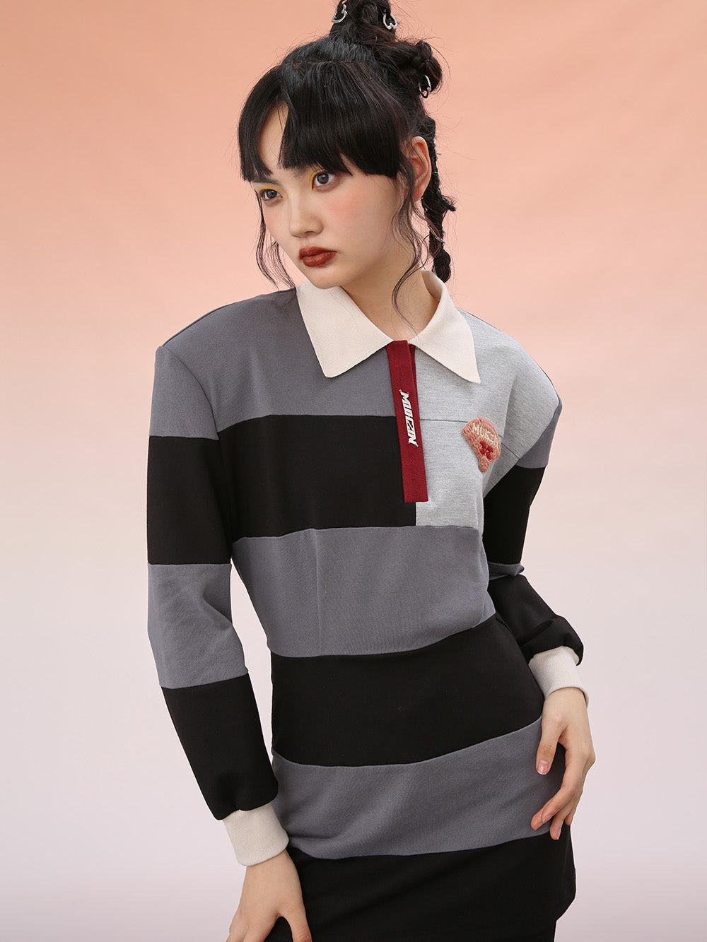 chinese dress ladies Black & Cream Stripe Loose Collared Casual Dress – Grateful Threads Boutique main image 1