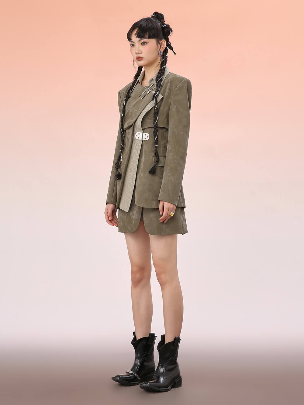 MUKZIN Loose PU Patchwork Plaid Blazer Coat