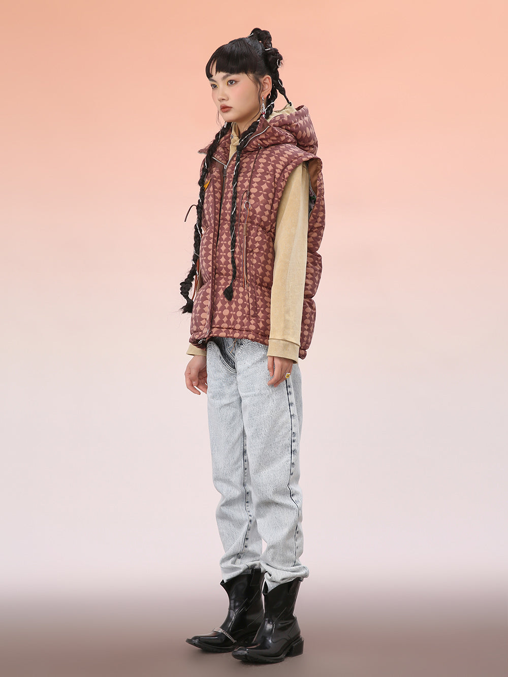 MUKZIN Khaki Cropped Geometric Down Vest