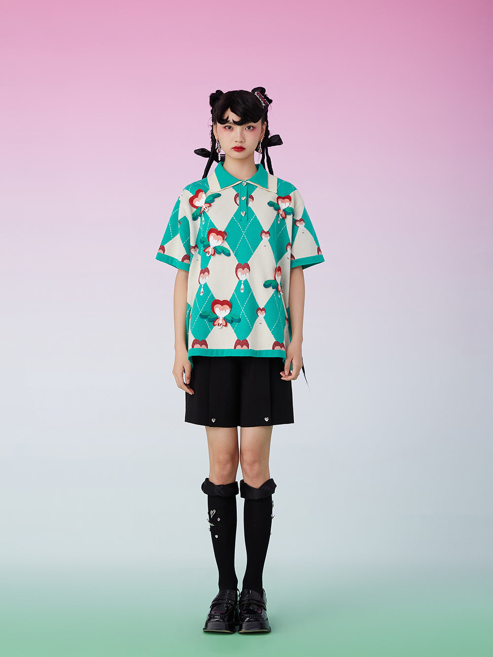MUKZIN Lapel Loose Patched Green T-shirt