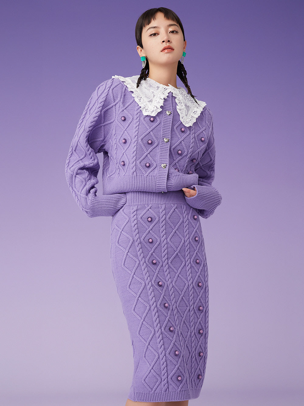 MUKZIN Criss Cross Knit Doll Collar Pueple Cardigan