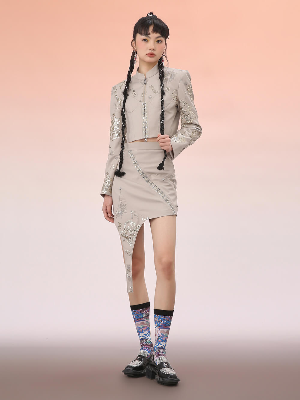 MUKZIN Short Cheongsam Diagonal Collar Paillette Chinese Jacket