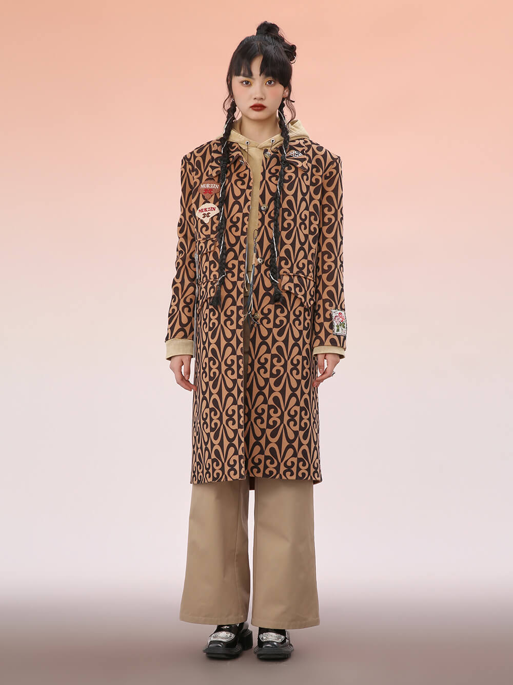 MUKZIN Loose Fit Mid-Length Brown Double-Sided Nylon Coat