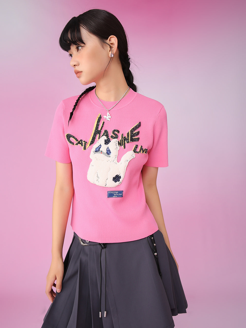 MUKZIN Pink Applique Embroidery Knit Short Round Neck T-shirts