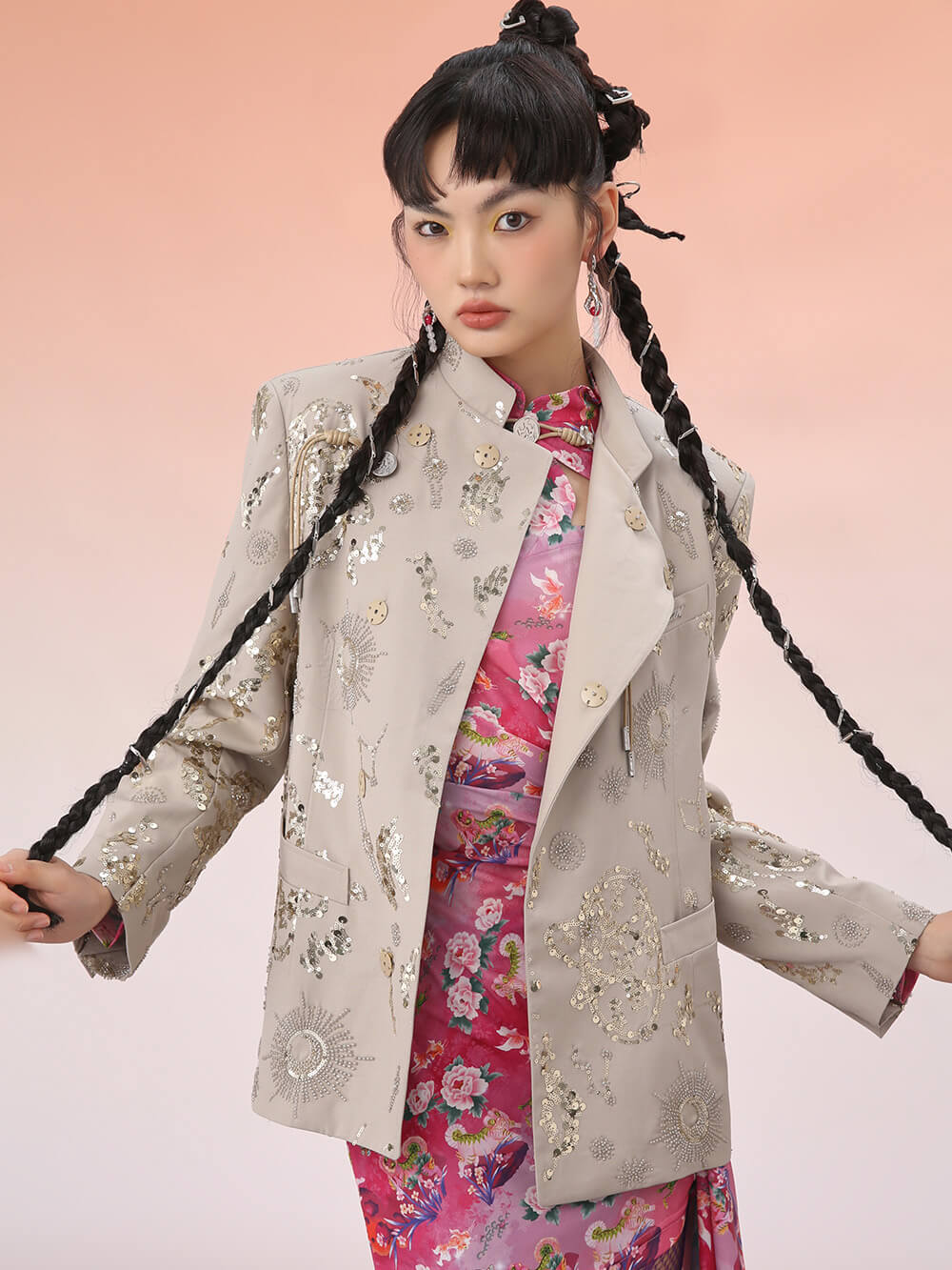 MUKZIN Mid Length Cheongsam Diagonal Collar Chinese Jacket