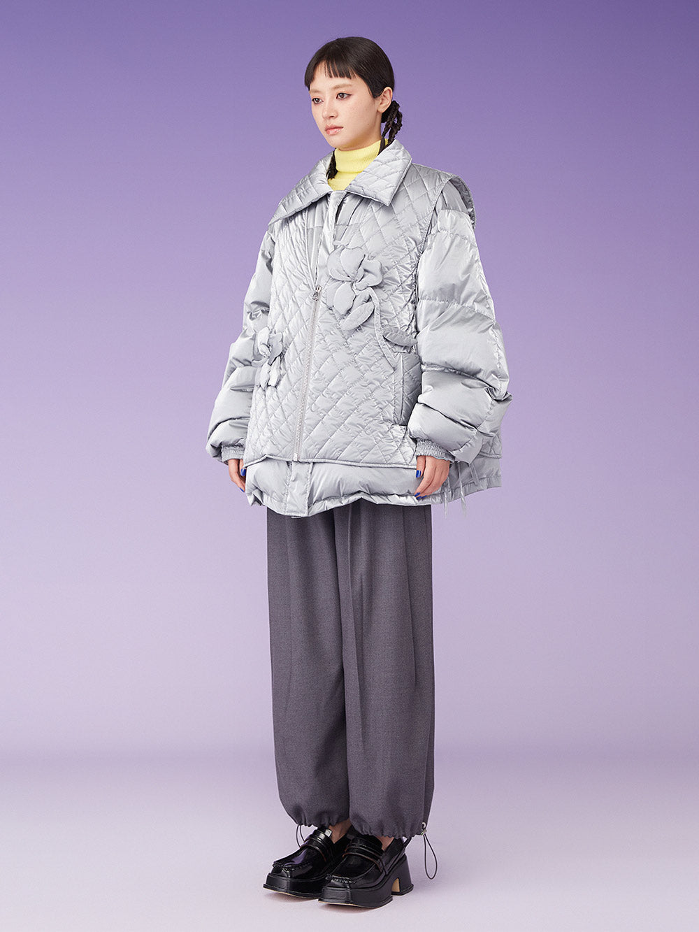 MUKZIN Lapel Floral Padded Oversize Grey Down Jacket