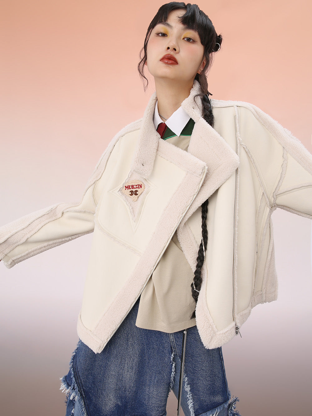 MUKZIN White Cropped Wool Splicing Jacket