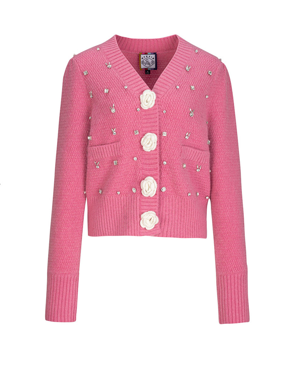 MUKZIN Knit V-Neck Rhinestone Studded Floral Button Pink Sweater