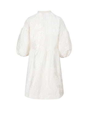MUKZIN White Retro Jacquard Puff Sleeve Loose Dress