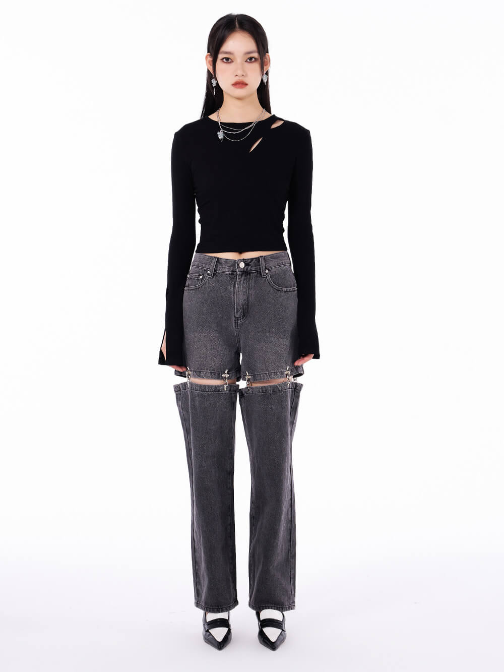 MUKTANK Metal Buckle Loose Two-Piece Denim Jeans