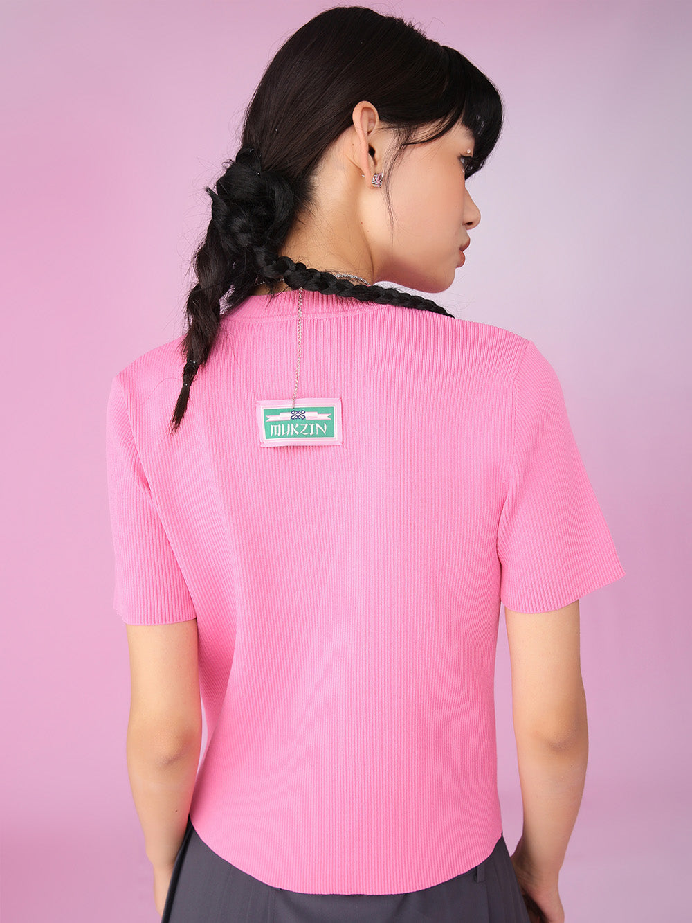MUKZIN Pink Applique Embroidery Knit Short Round Neck T-shirts