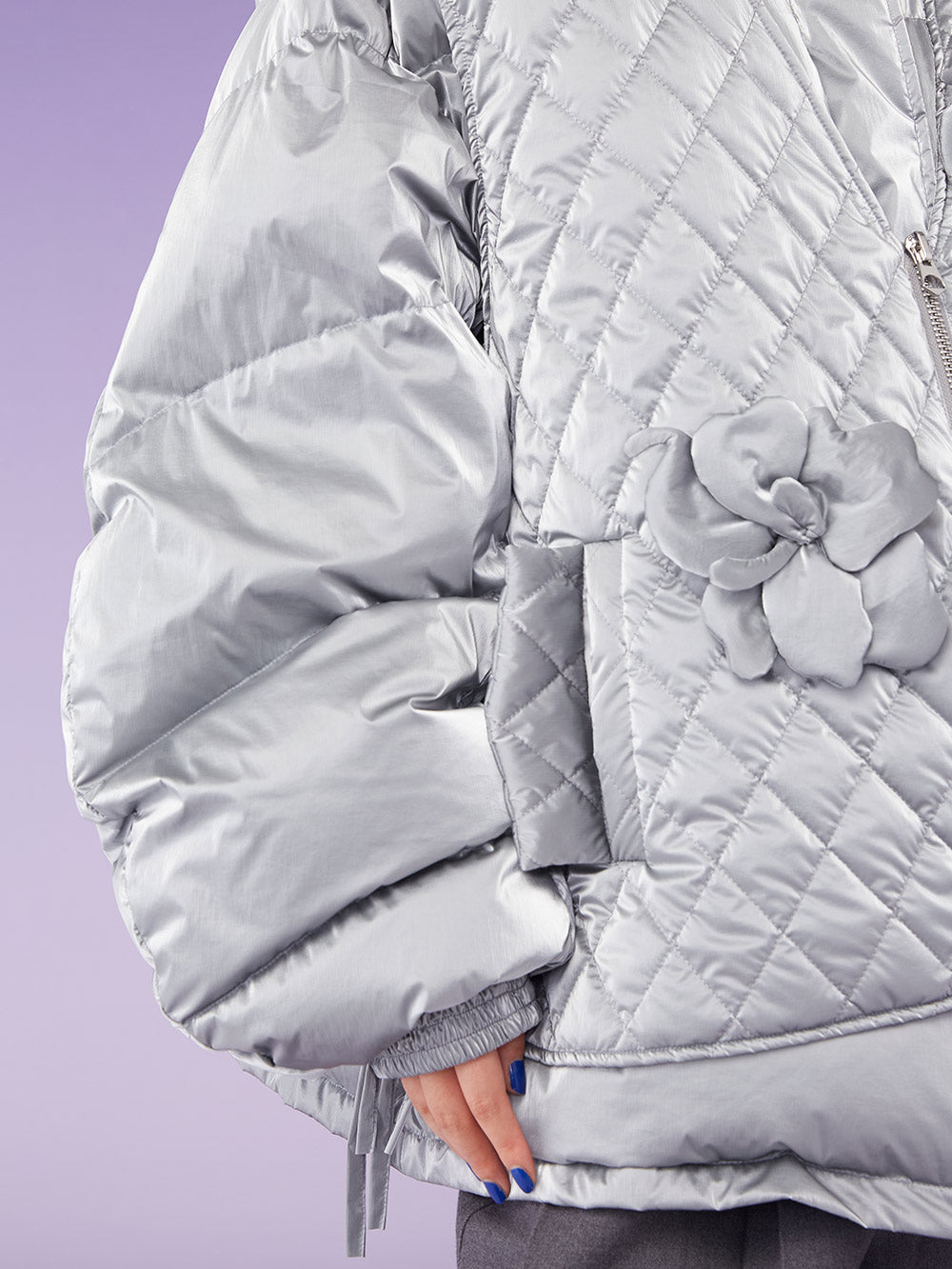 MUKZIN Lapel Floral Padded Oversize Grey Down Jacket