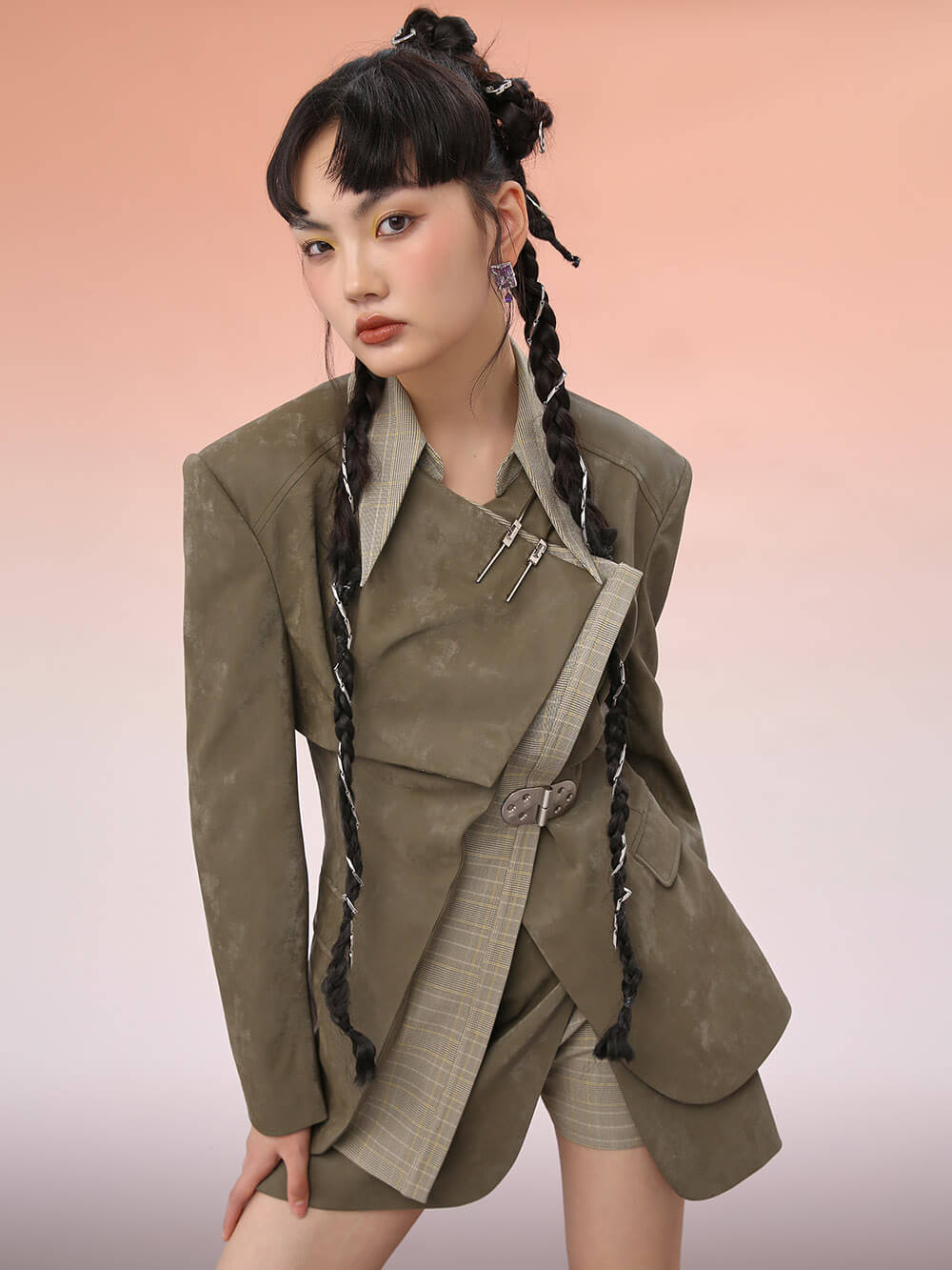MUKZIN Loose PU Patchwork Plaid Blazer Coat